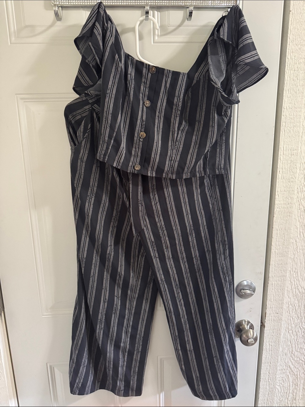 Striped Black and Gray Wide-Leg Jumpsuit with Tie Waist